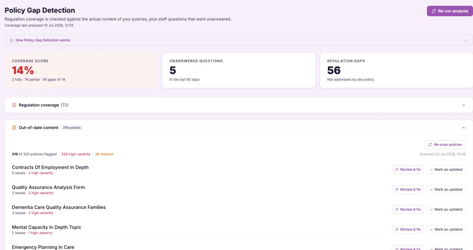 An image of CareStream showing how we generate the CQC questions which are allocated to staff members