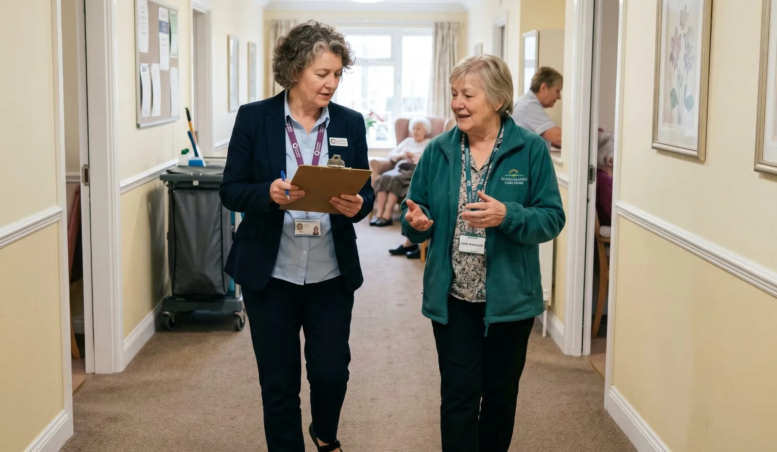 CQC inspector walking around a care home with the care manager