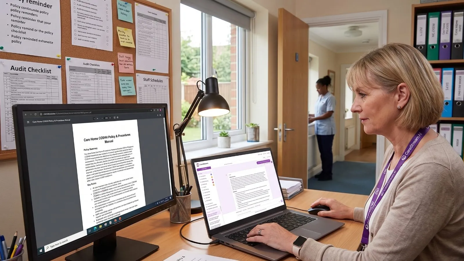 A care manager in a care home using CareStream to talk to her policies